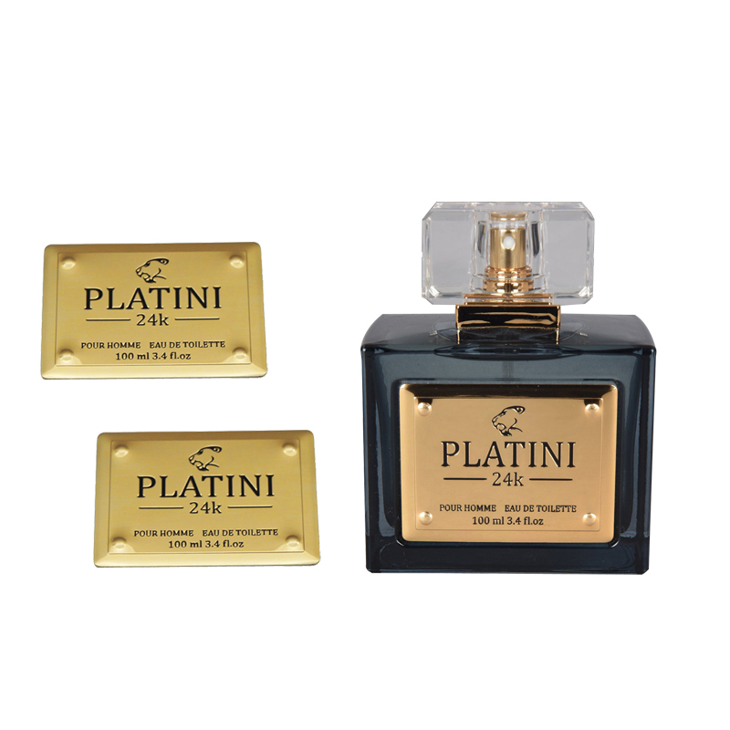 Custom luxury metal perfume bottle label, zinc alloy brand plate for fragrance packaging